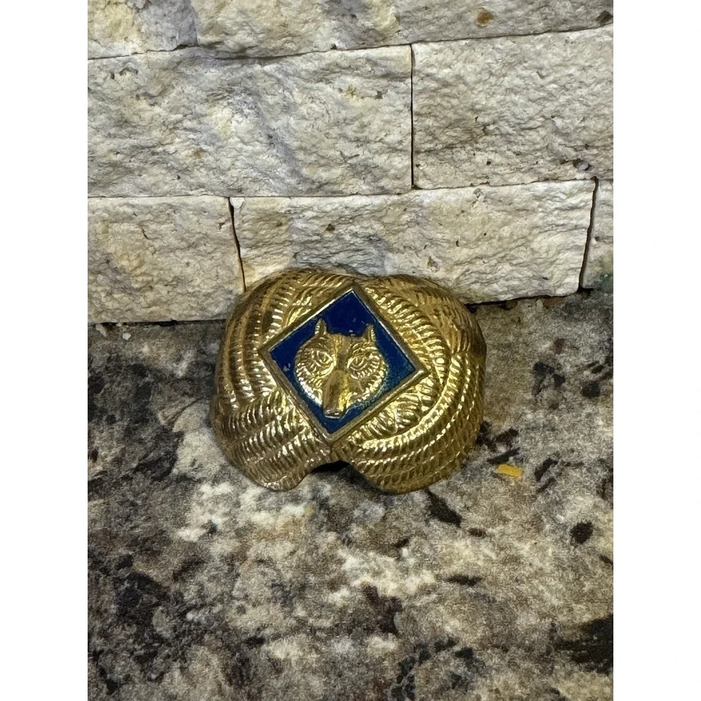 Vintage 1960's Wolf Cub Scout‎ Boy Scouts Brass & Blue Enamel Neckerchief Slide